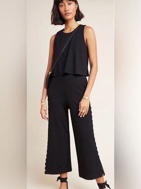 Anthropologie The Essential Jumpsuit Womens 8 Black Scalloped Cropped Wide Leg